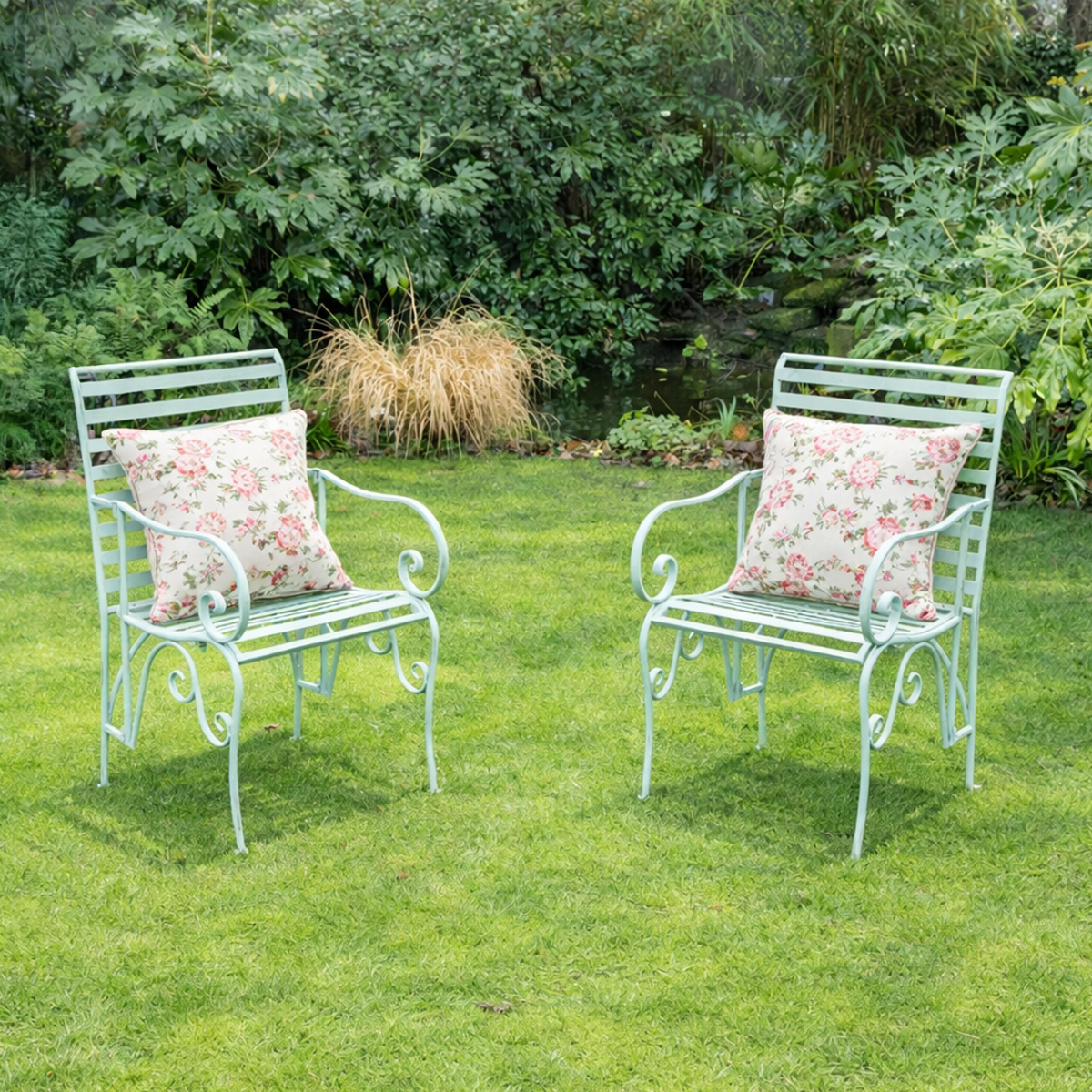 Set of 2 Ornate Metal Sage Green Garden Chairs - 55cm x 92cm