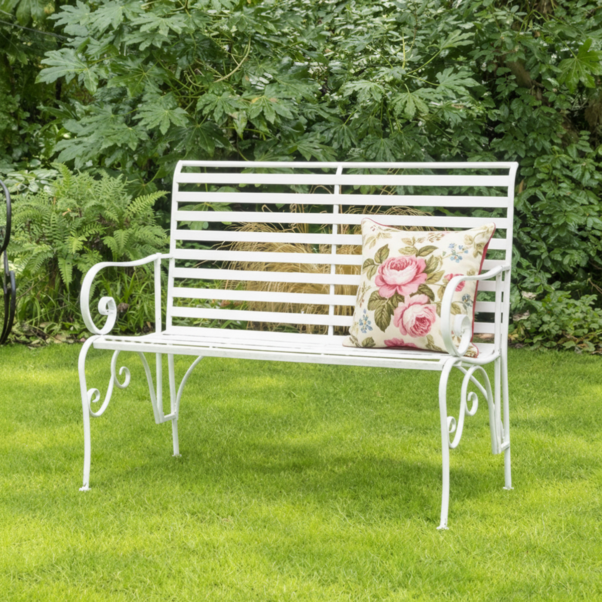 White Metal Ornate Distressed Garden Bench - 100cm x 92cm