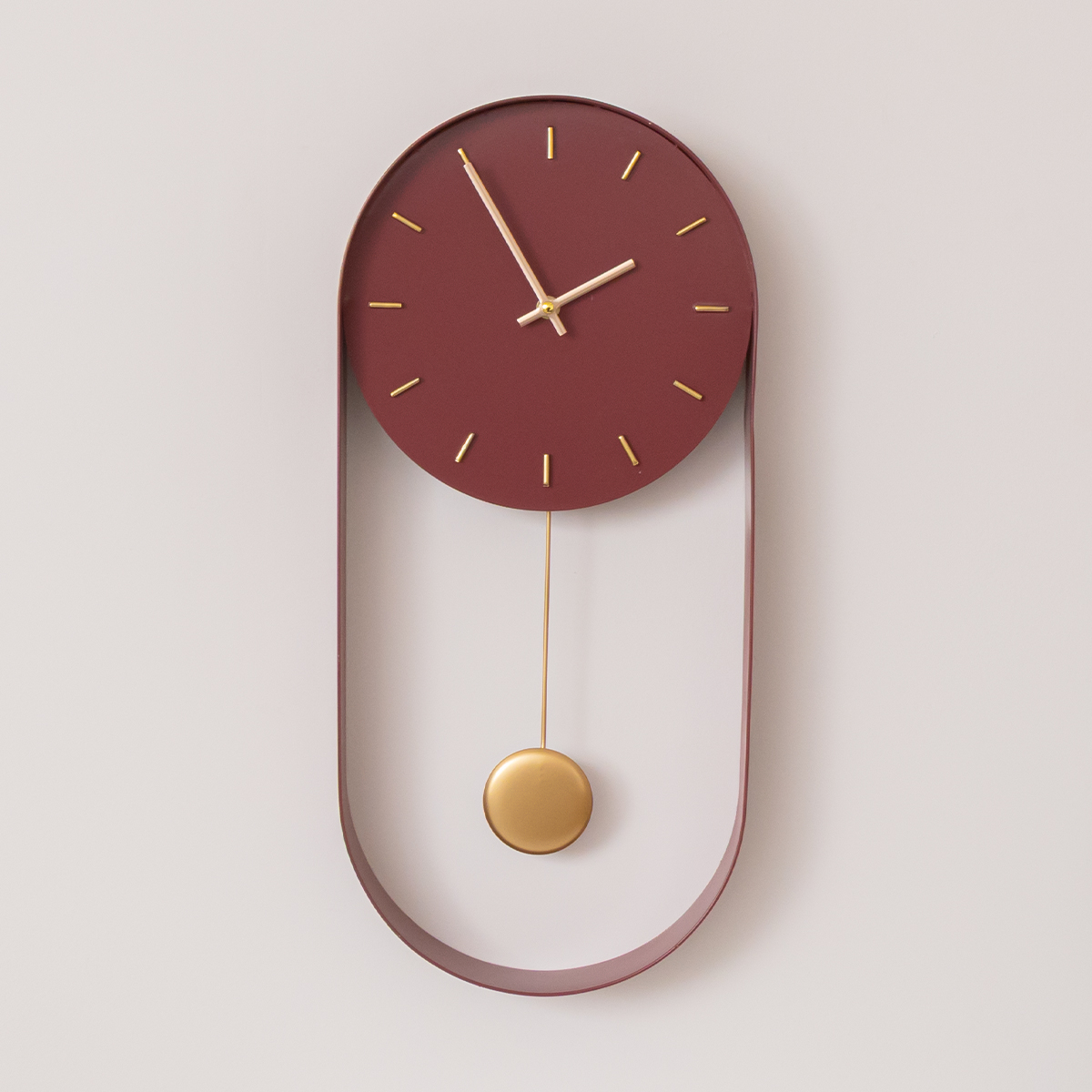 Raspberry Red & Gold Pendulum Metal Analogue Wall Clock - 20cm x 55cm