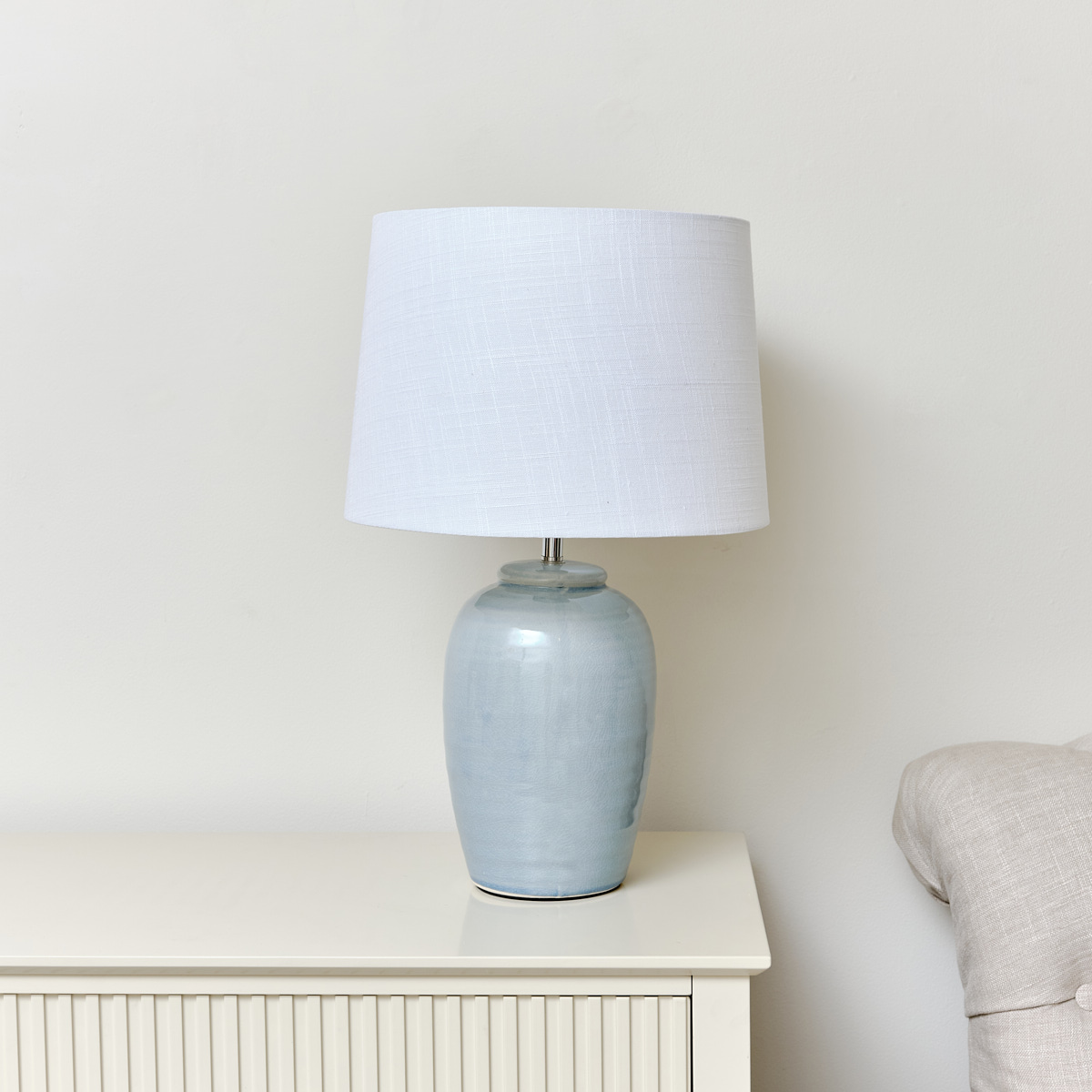 Pale Blue Ceramic Table Lamp with Linen Shade