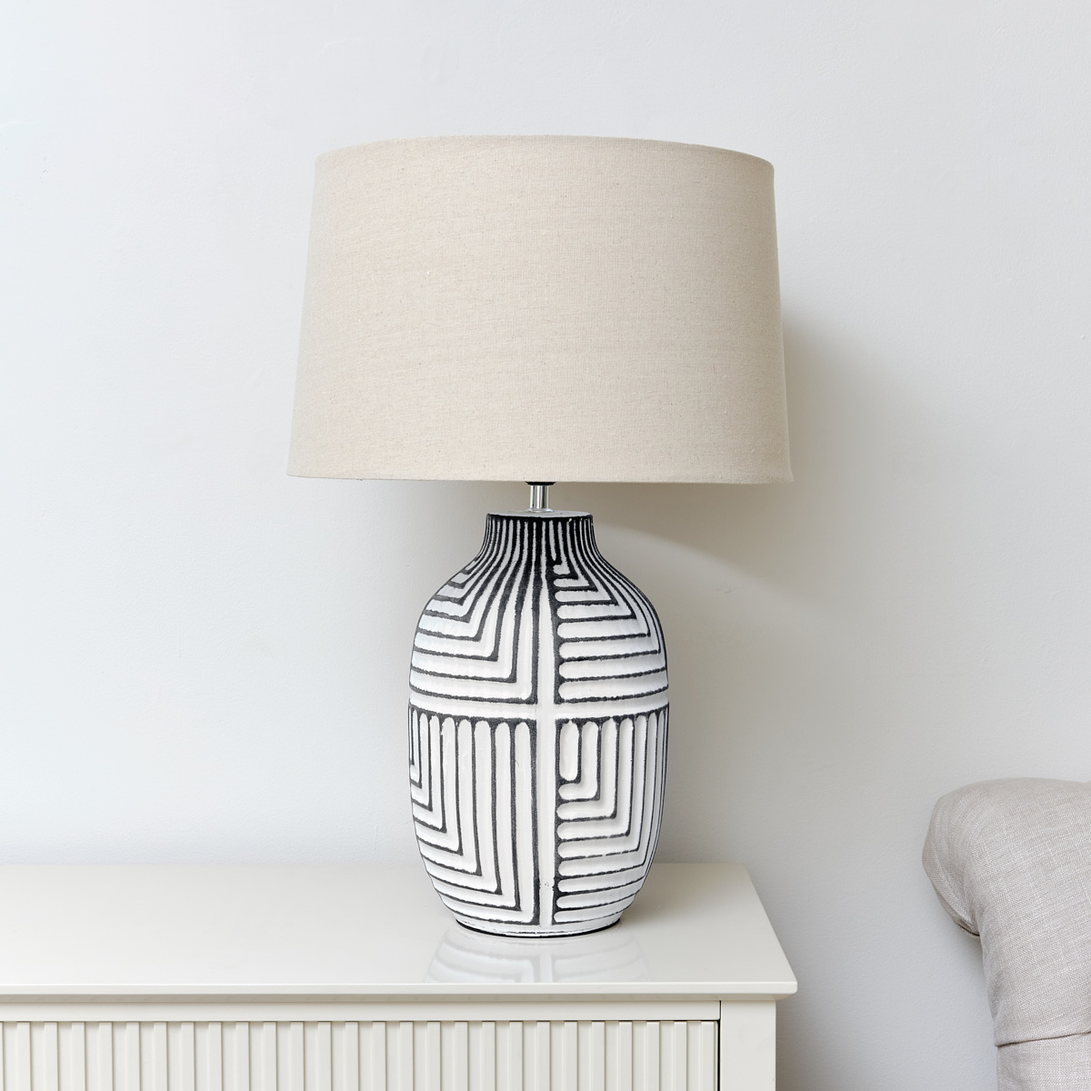 Large Abstract Monochrome Table Lamp with Beige Linen Shade
