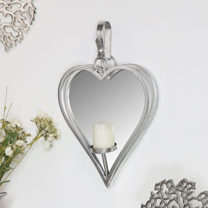 Large Silver Hanging Heart Mirror Candle Sconce