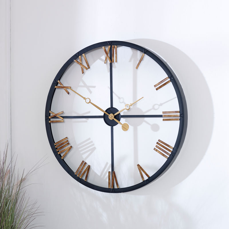 Large Black & Gold Modern Skeleton Clock Large Black & Gold Modern Skeleton Clock