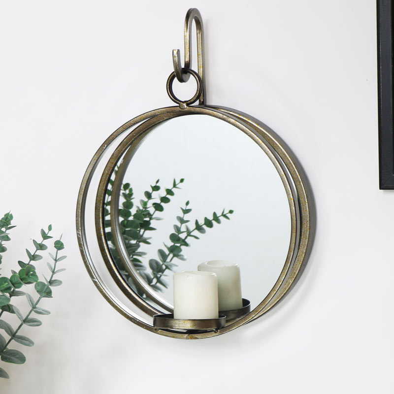 Large Antiqued Gold Mirror with Candle Sconce Large Antiqued Gold Mirror with Candle Sconce