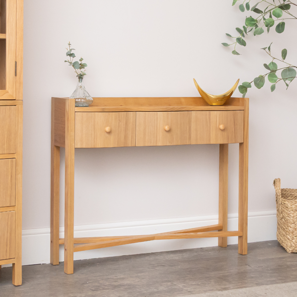 Pale Wood Curved 3 Drawer Console Table with Hessian & Glass Top - Austin Wood Range