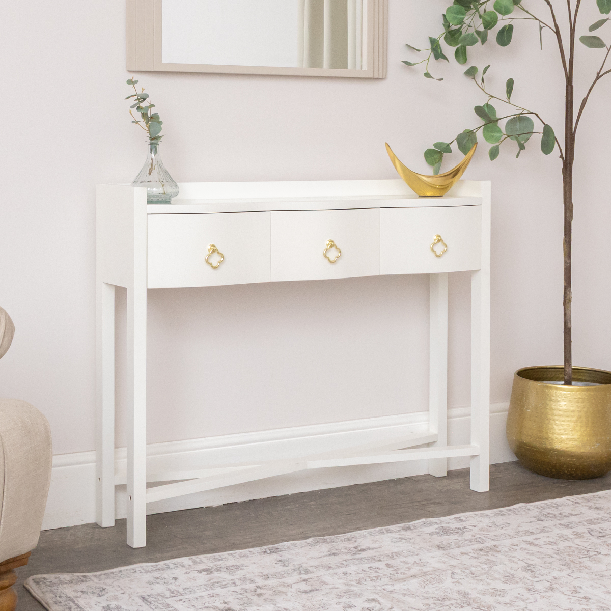 White Painted Curved 3 Drawer Console Table with Glass Top - Austin White Range