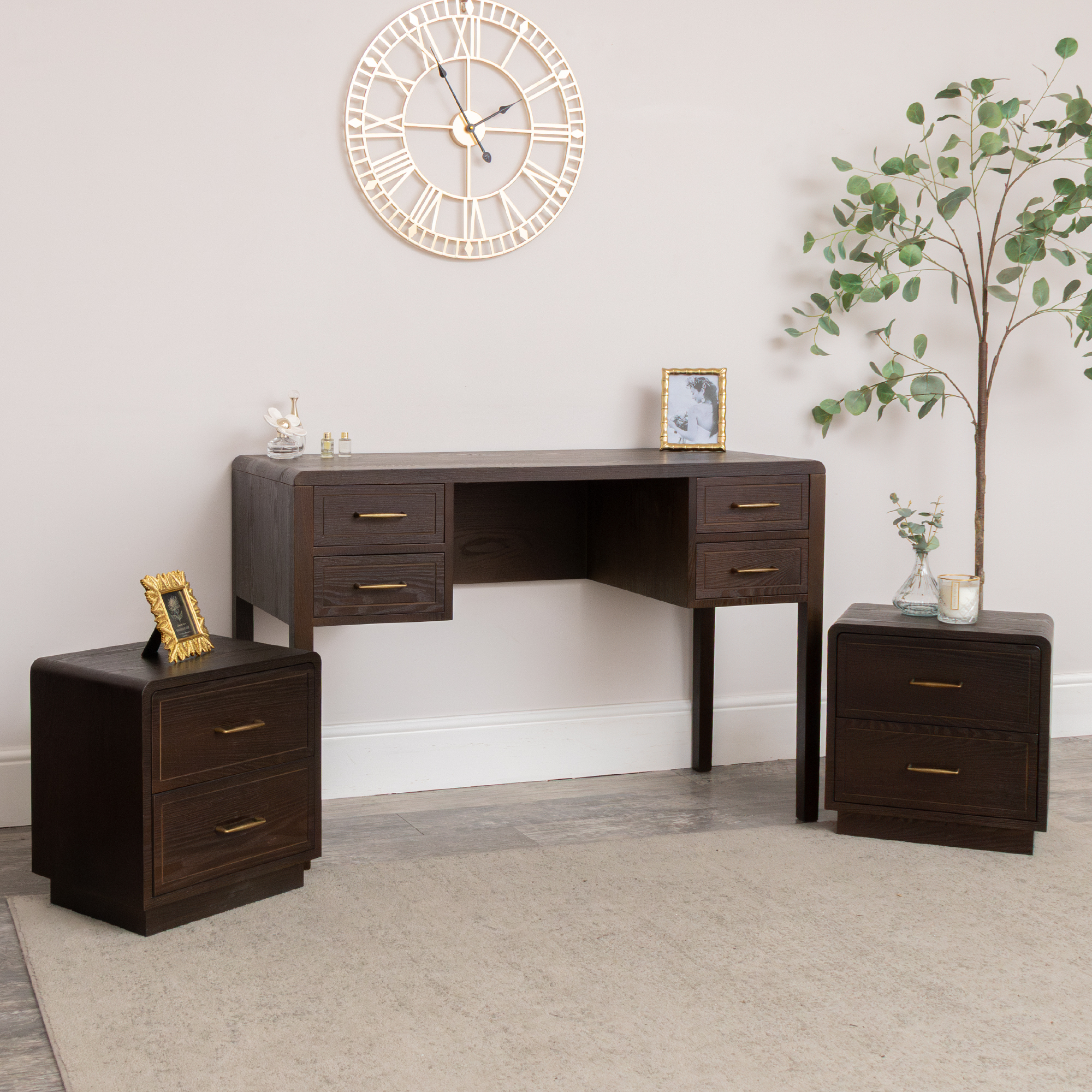 Dark Wood 4 Drawer Dressing Table & Pair of Bedside Tables - Kingsley Range