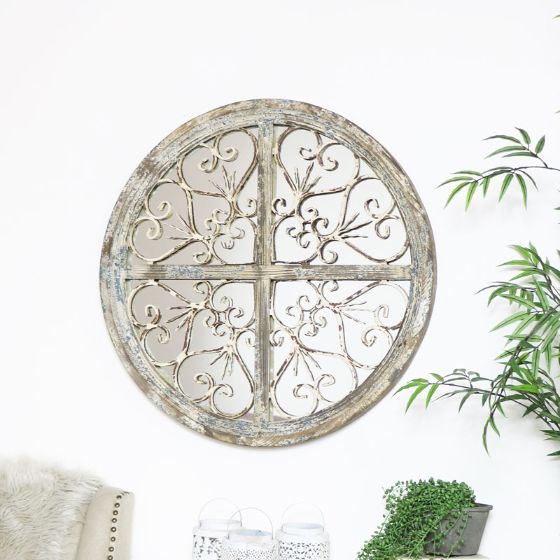 4189 BEAUTIFUL ORNATE RUSTIC ROUND WOODEN STYLE HOME OR GARDEN PANEL MIRROR
