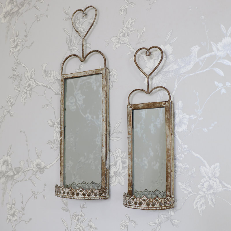 Set of 2 Vintage Wall Hanging Mirrors with Shelf