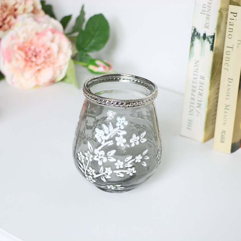 Grey Glass Blossom Tealight Holder Grey Glass Blossom Tealight Holder