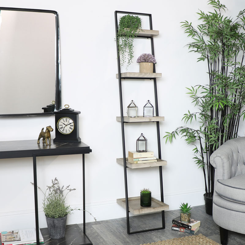 Black Metal & Wood Ladder Shelving Unit Black Metal & Wood Ladder Shelving Unit