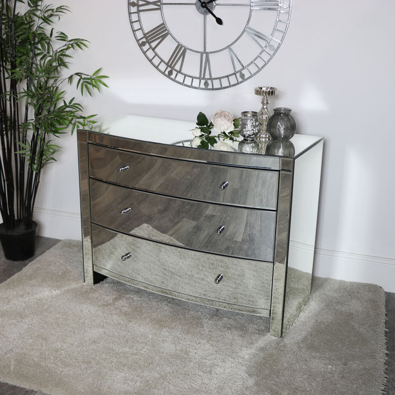 Curved Venetian Mirrored 3 Drawer Chest Flora Furniture Curved Venetian Mirrored 3 Drawer Chest, Venetian Mirrored Bedroom Furniture Uk