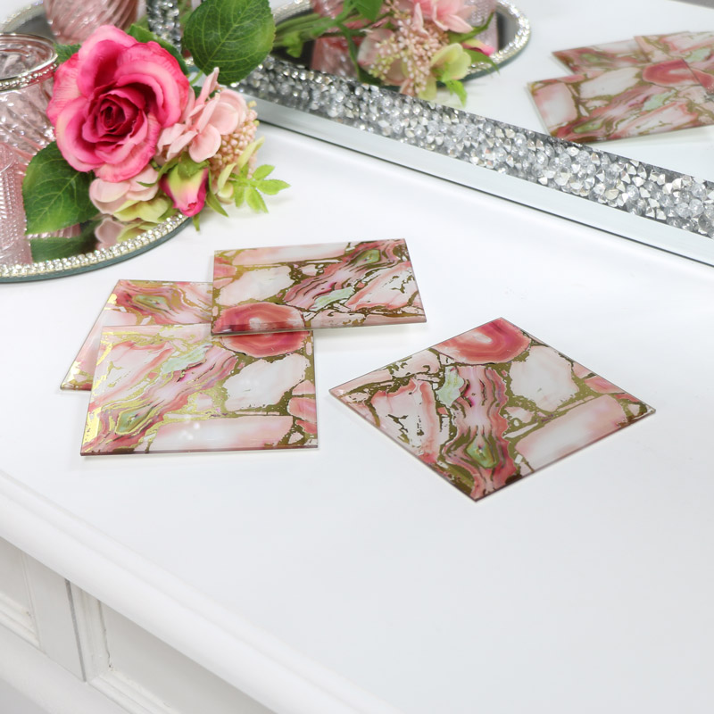 Set of 4 Pink & Gold Marble Glass Coasters Set of 4 Pink & Gold Marble Glass Coasters