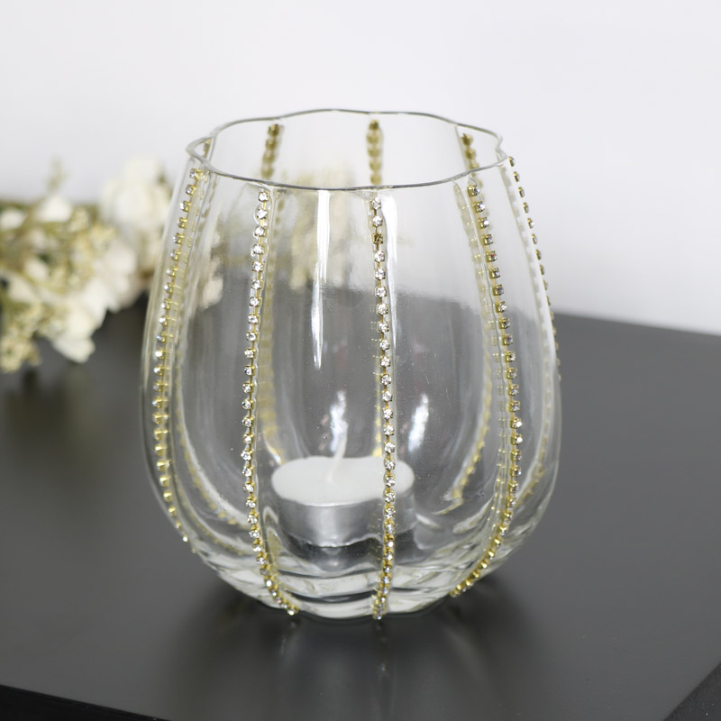 Gold Diamante Glass Tealight Holder Gold Diamante Glass Tealight Holder