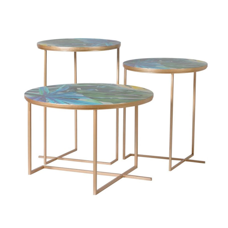 Set of 3 Gold Tropical Leaf Print Tables Set of 3 Gold Tropical Leaf Print Tables