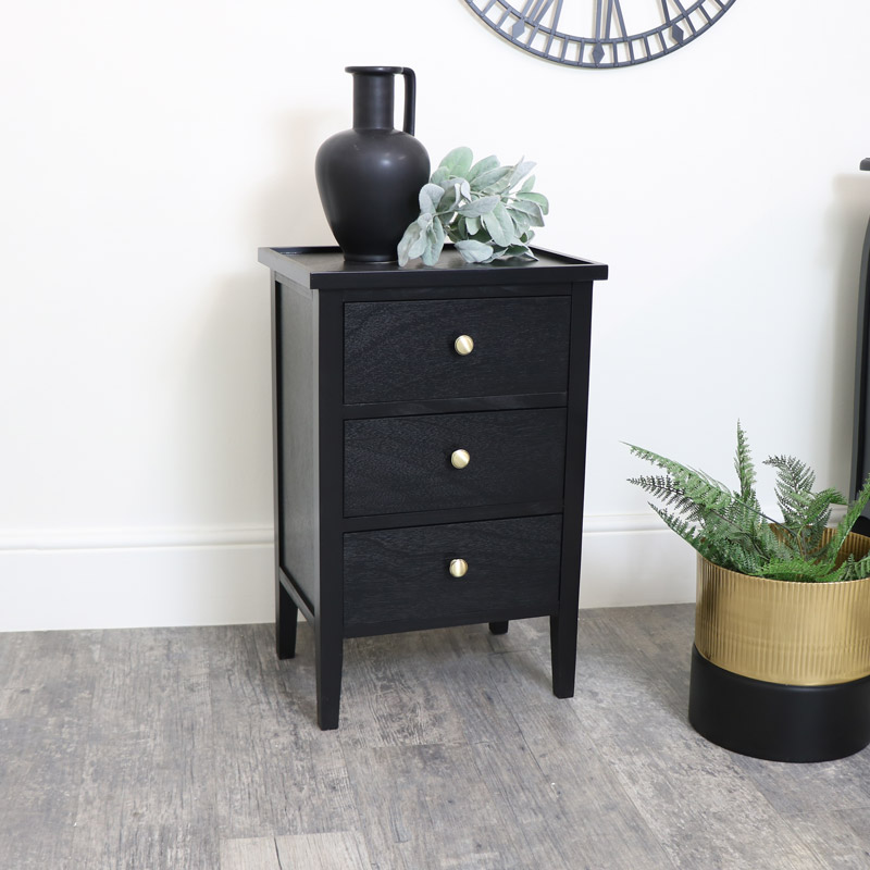 Black 3 Drawer Chest of Drawers with Gold Handles
