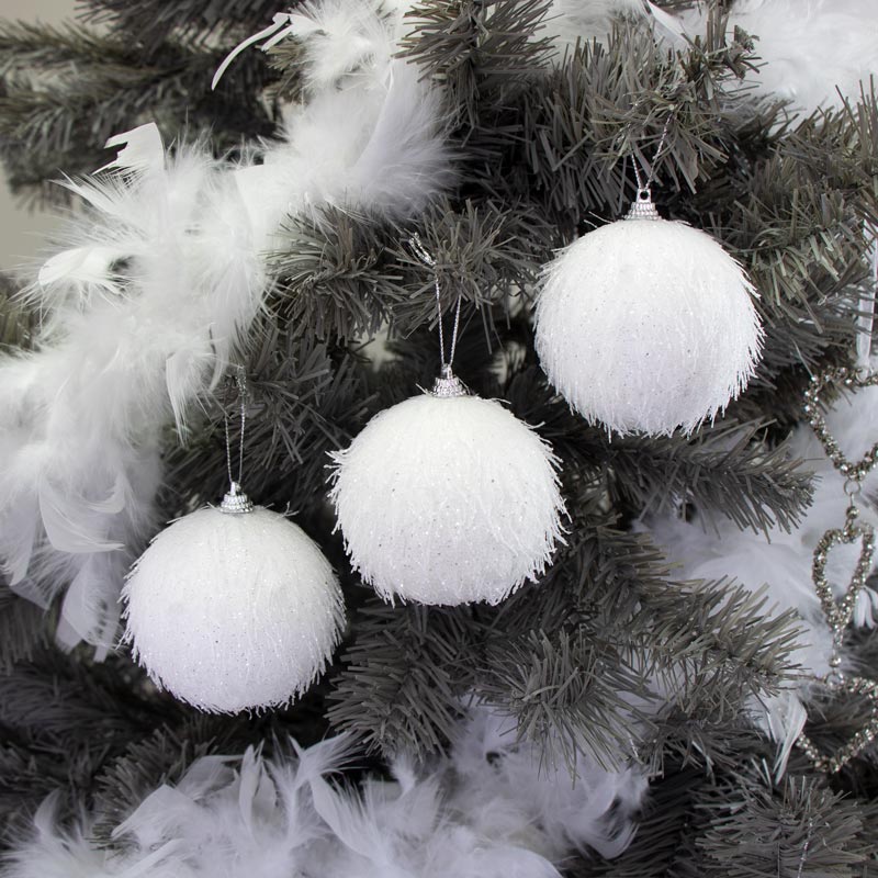 Set Of 3 White Fluffy Snowball Baubles Set Of 3 White Fluffy Snowball Baubles