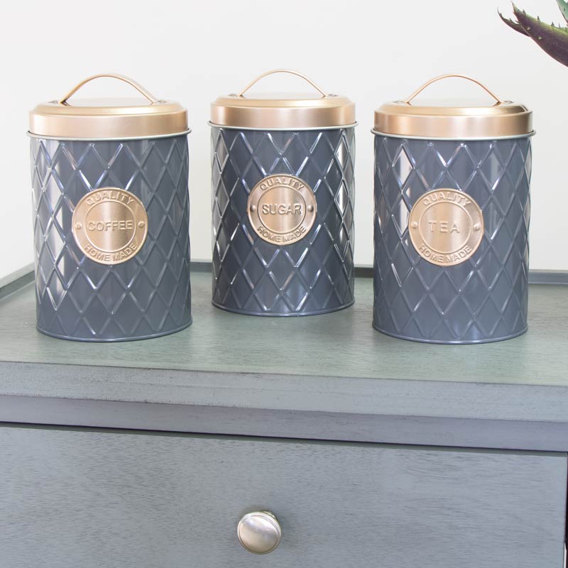 Copper & Grey Tea, Coffee, Sugar Canisters Copper & Grey Tea, Coffee, Sugar Canisters