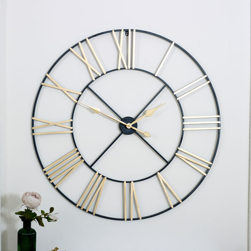 Extra Large Black & Gold Skeleton Wall Clock
