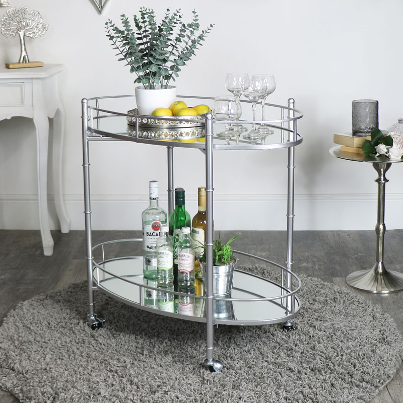 Silver Mirrored Oval Drinks Trolley Silver Mirrored Oval Drinks Trolley