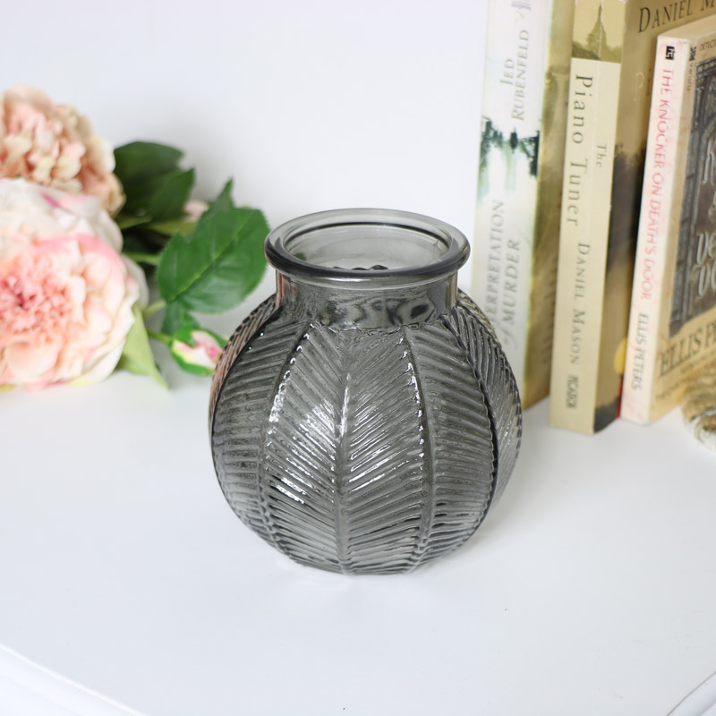 Small Grey Leaf Print Glass Vase Small Grey Leaf Print Glass Vase
