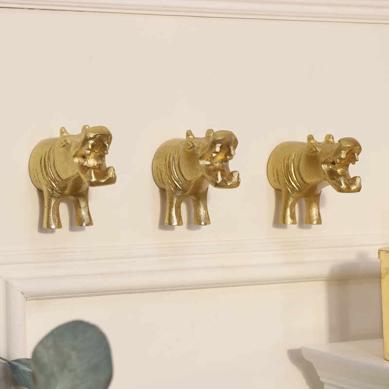 Set of 3 Gold Hippo Wall Hooks