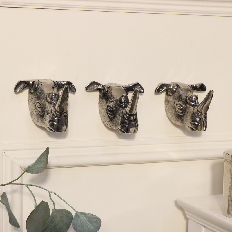 Set of 3 Silver Rhino Wall Hooks
