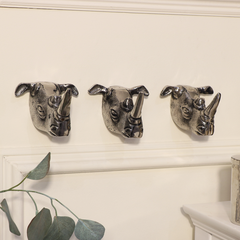 Set of 3 Silver Rhino Wall Hooks Set of 3 Silver Rhino Wall Hooks