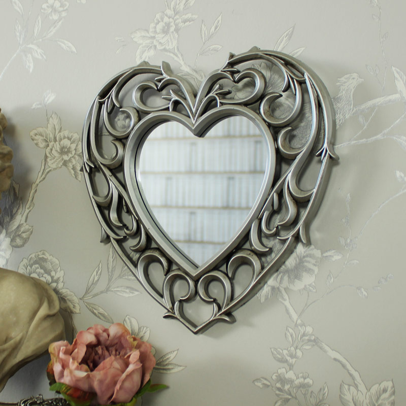 Decorative Silver Filigree Heart Shaped Wall Mounted Mirror 25.5cm x 25cm