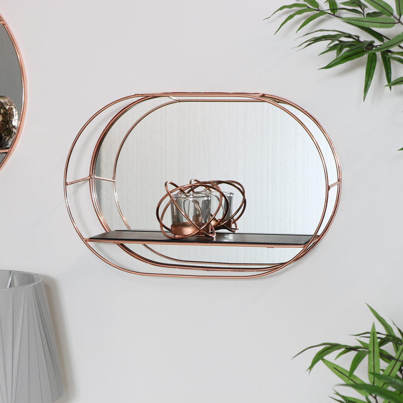 Flora Furniture Copper Metal Wall Shelf With Mirror