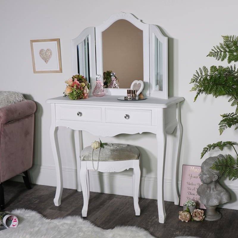 White Dressing Table, Triple Mirror and Stool Set - Elise White Range White Dressing Table, Triple Mirror and Stool Set - Elise White Range