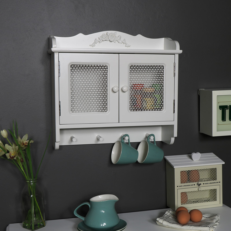 Rose Detailed White Wall Cabinet With Hooks