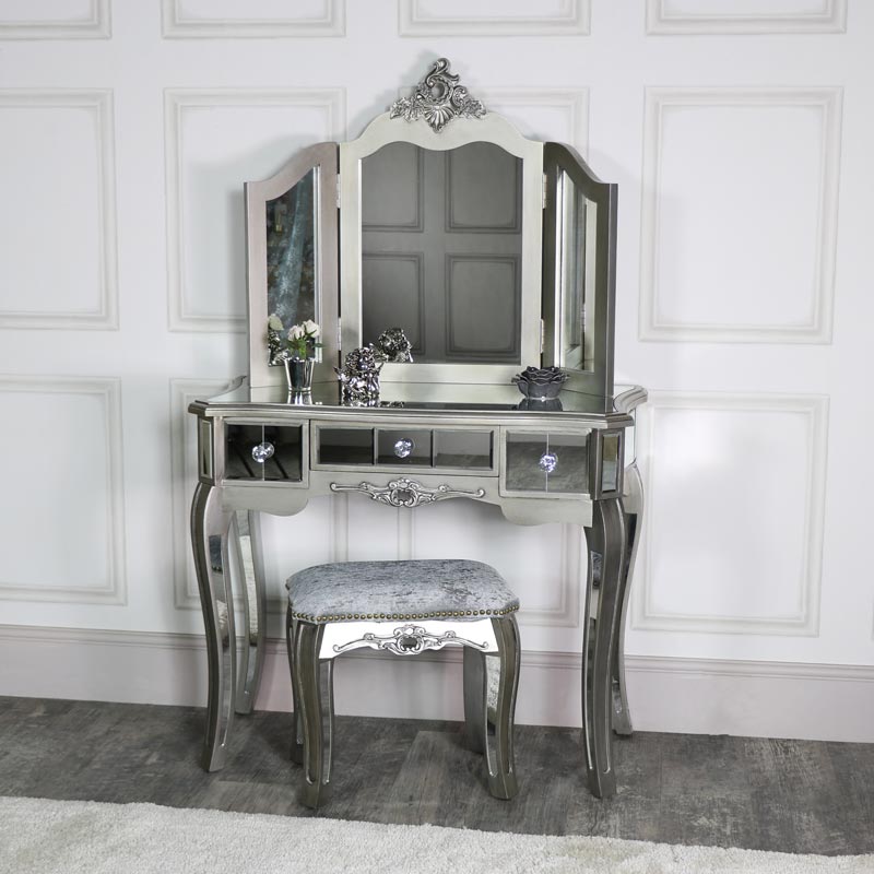 Ornate Mirrored 3 Drawer Dressing Table, Stool and Mirror Bedroom Furniture Set - Tiffany Range