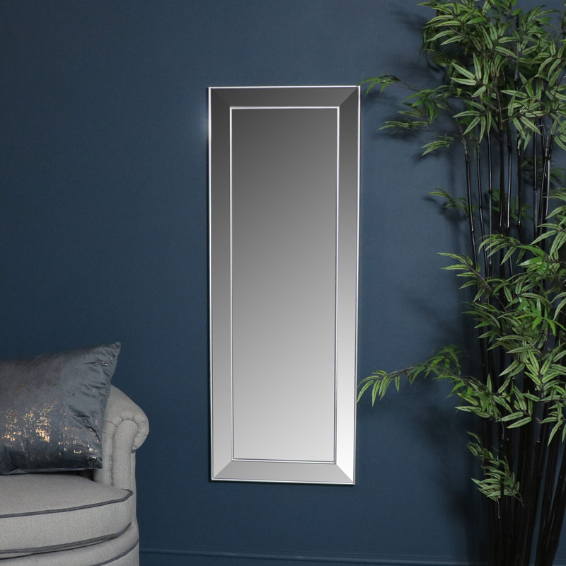 Tall Silver Frame Wall Floor Leaner, Contemporary Floor Mirror With Mirrored Frame