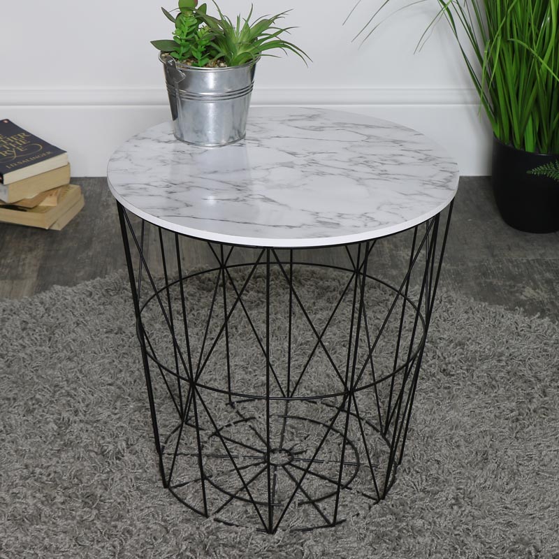 Black White Marble Effect Wire Basket, White Wood Side Table With Baskets