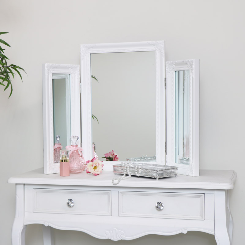 Ornate White Vintage Triple Dressing Table Mirror 55cm x 74cm 