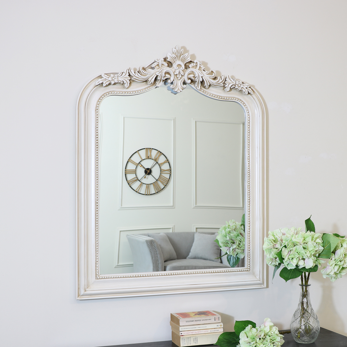 Ornate Arched Antiqued Ivory Wall Mirror 80cm x 100cm