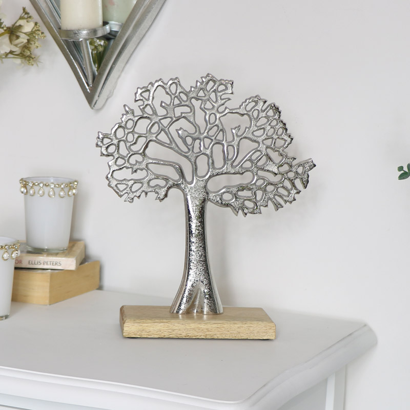 Silver Tree of Life on Wooden Stand Silver Tree of Life on Wooden Stand