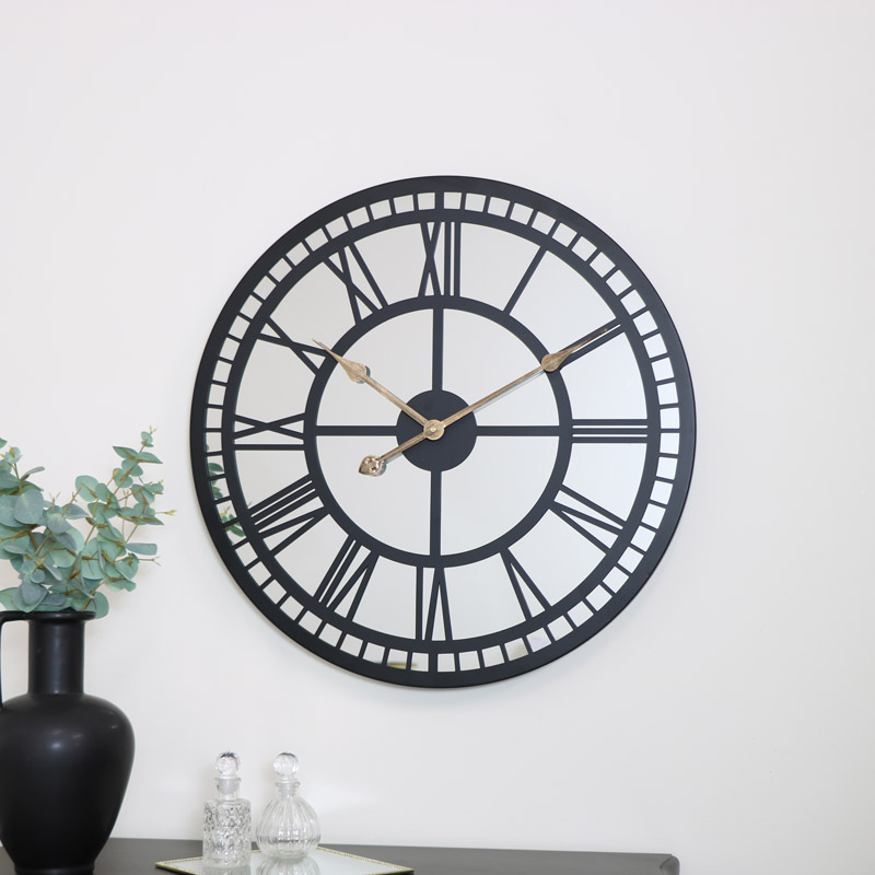 Black Mirrored Skeleton Clock 60cm x 60cm