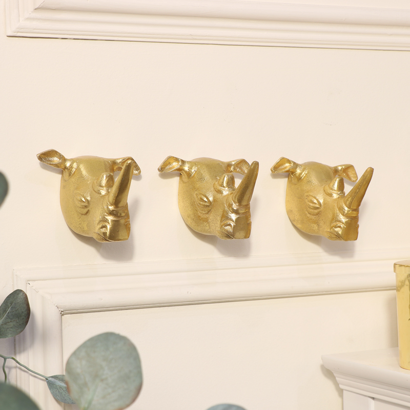 Set of 3 Gold Rhino Wall Hooks