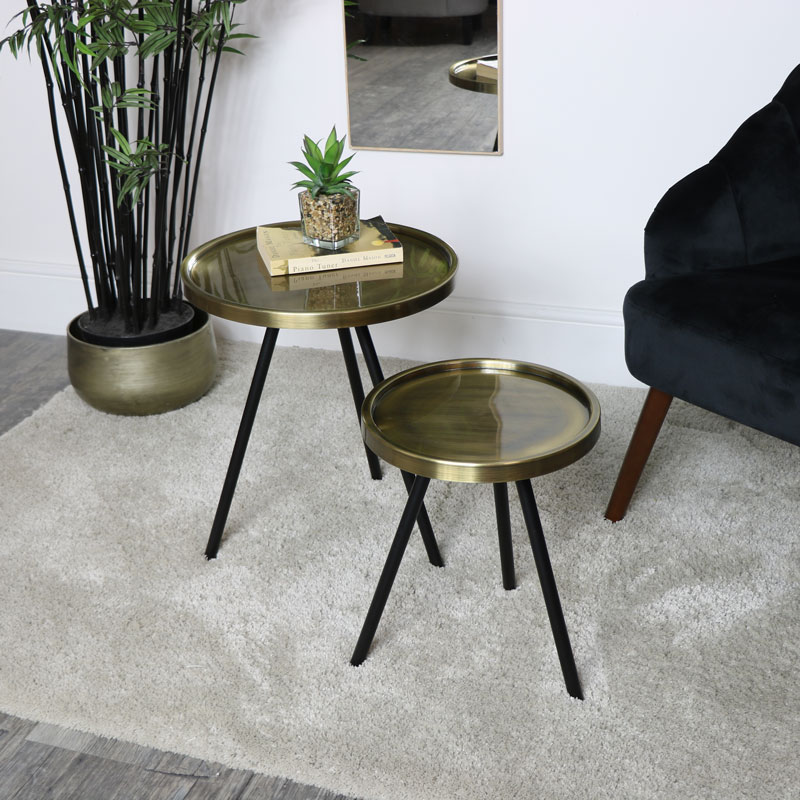 Pair Of Black Gold Round Side Tables, Side Table Round