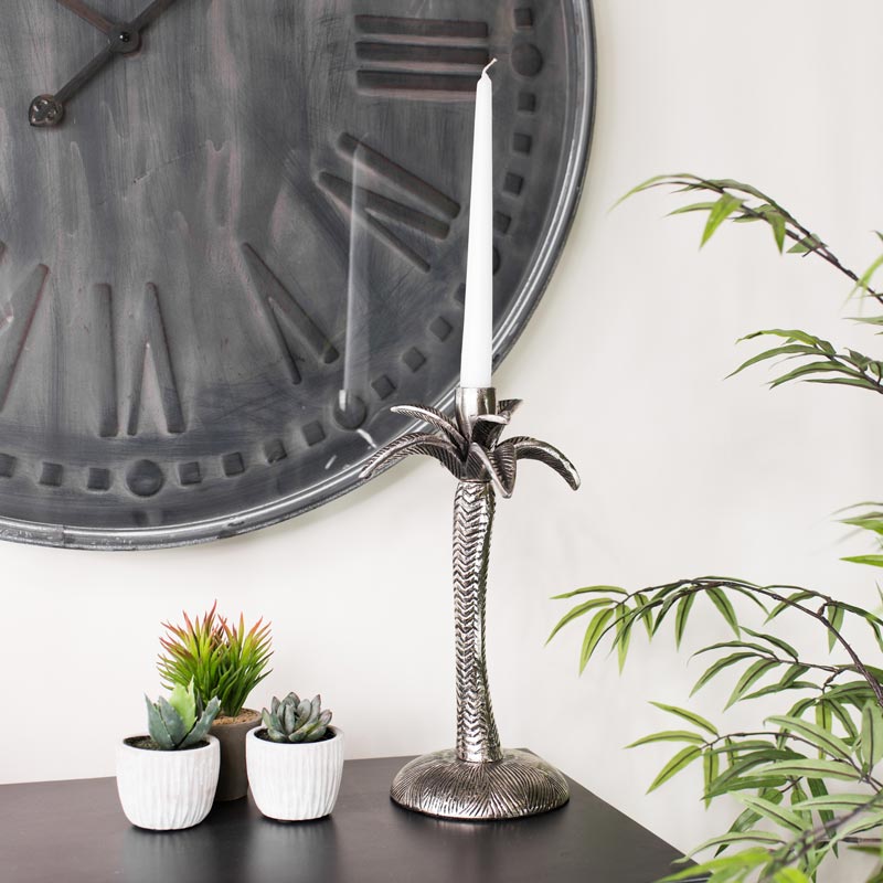 Silver Metal Palm Tree Candle Holder