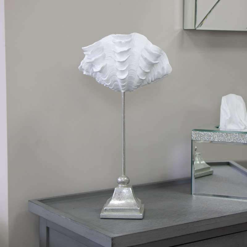 Tall White Shell Sculpture on Silver Stand Tall White Shell Sculpture on Silver Stand