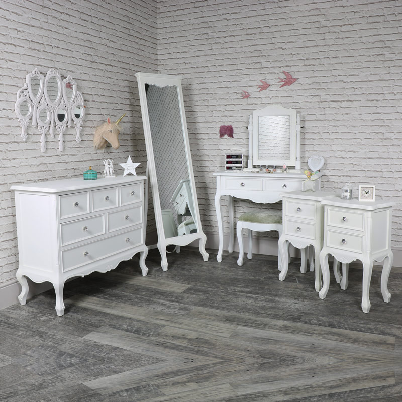 Elise White -Bedroom Set, Chest of Drawers, Cheval Mirror, Dressing Table, Mirror, Stool and 2 Bedside Tables Elise White -Bedroom Set, Chest of Drawers, Cheval Mirror, Dressing Table, Mirror, Stool and 2 Bedside Tables