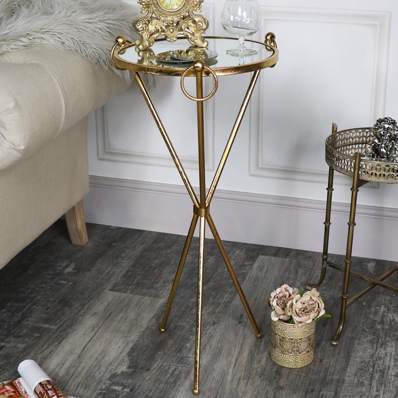 Tall Antique Gold Mirrored Side Table, Gold Mirrored End Tables