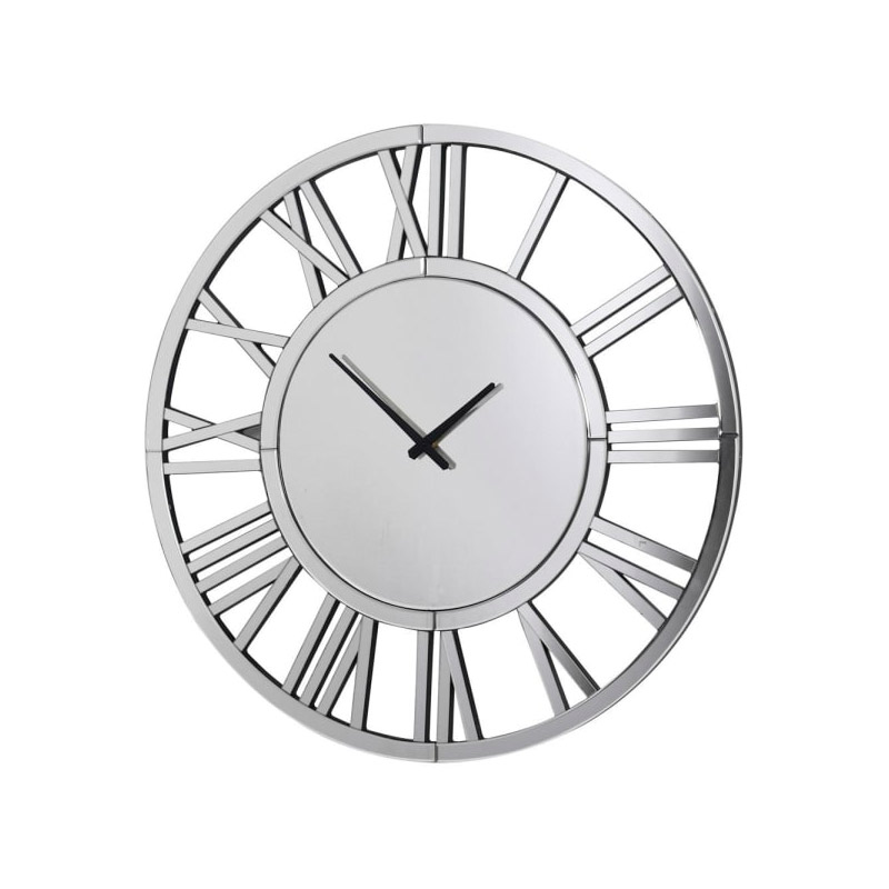 Round Silver Mirrored Skeleton Wall Clock
