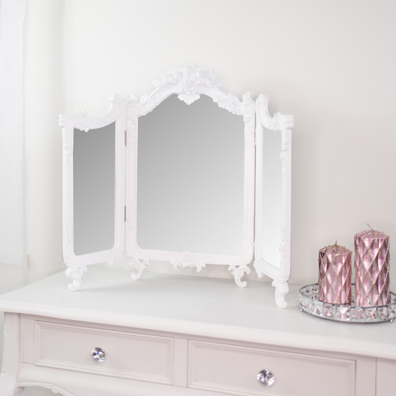 Large White Ornate Rose Triple Mirror - 55cm x 75cm