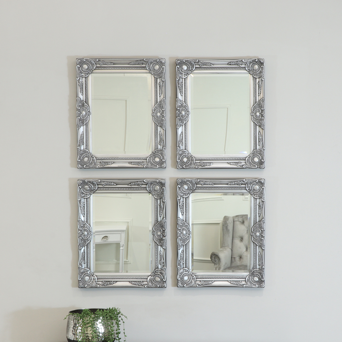 Set of 4 Ornate Silver Wall Mirrors With Bevelled Glass