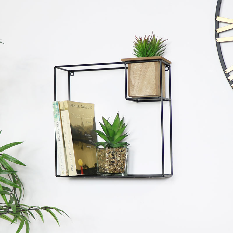 Black Metal Wire & Wood Shelf with Storage Pot Black Metal Wire & Wood Shelf with Storage Pot