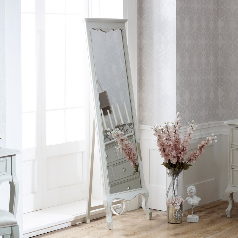 French Style Mirrors Shabby Chic Flora Furniture Tall Free Standing Cheval Mirror Elise Grey Range 50cm X 168cm